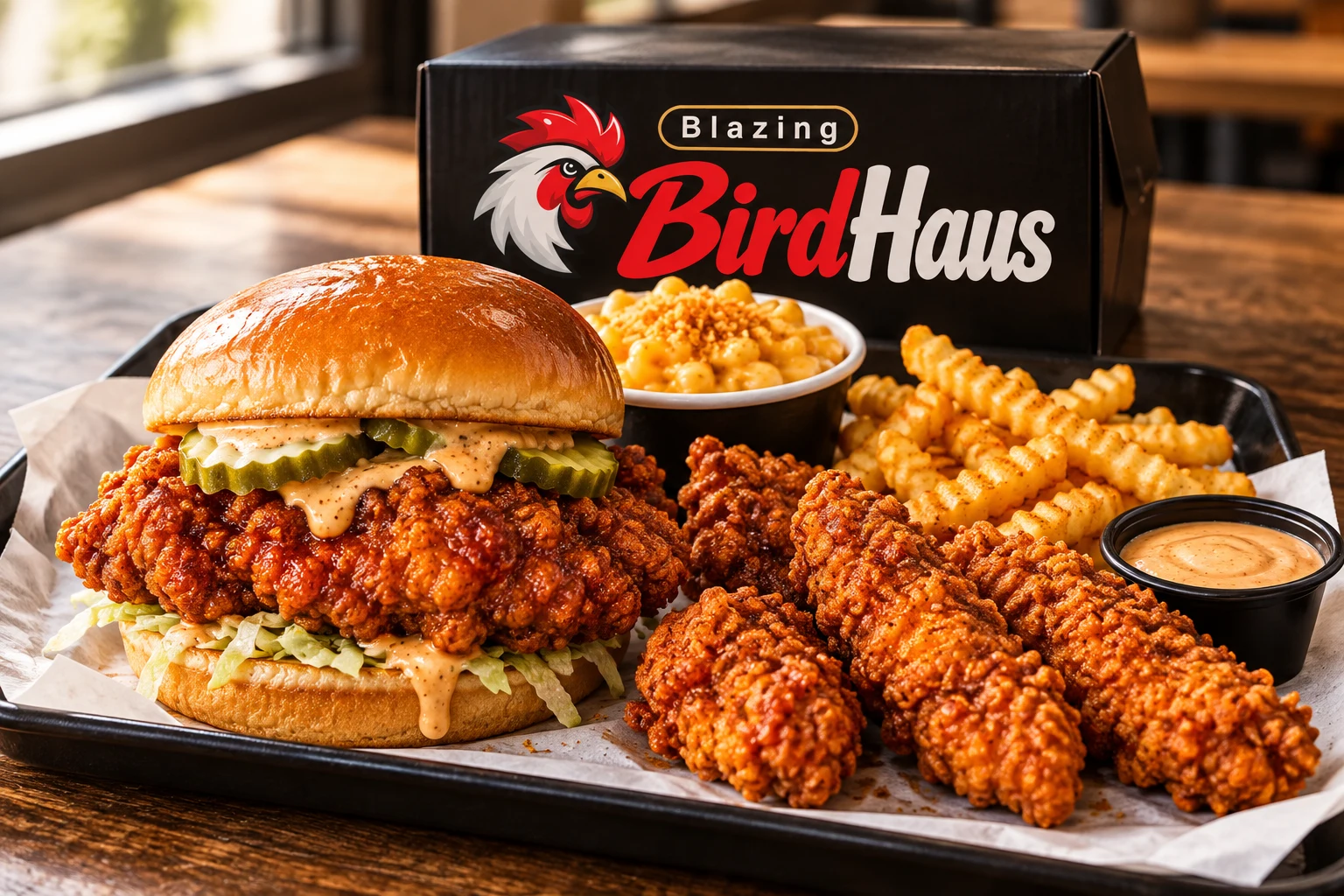 The BirdHaus spread: Nashville hot chicken bun, tenders, fries, mac and cheese and dipping sauce