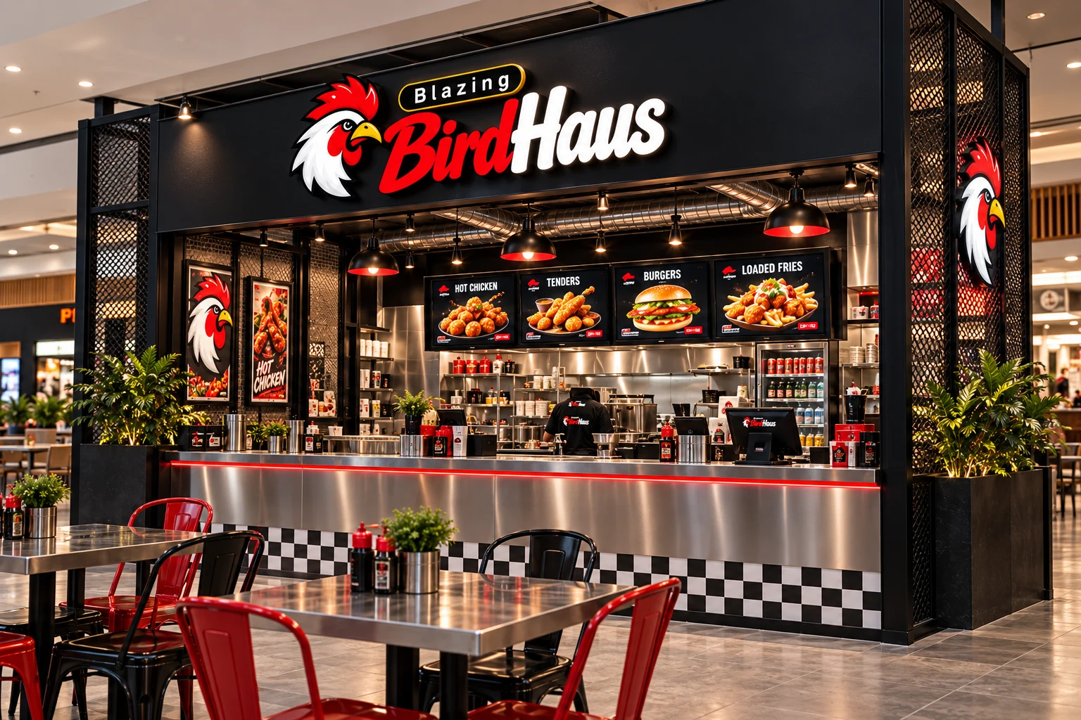 Blazing BirdHaus food-court kiosk — illustrative design concept