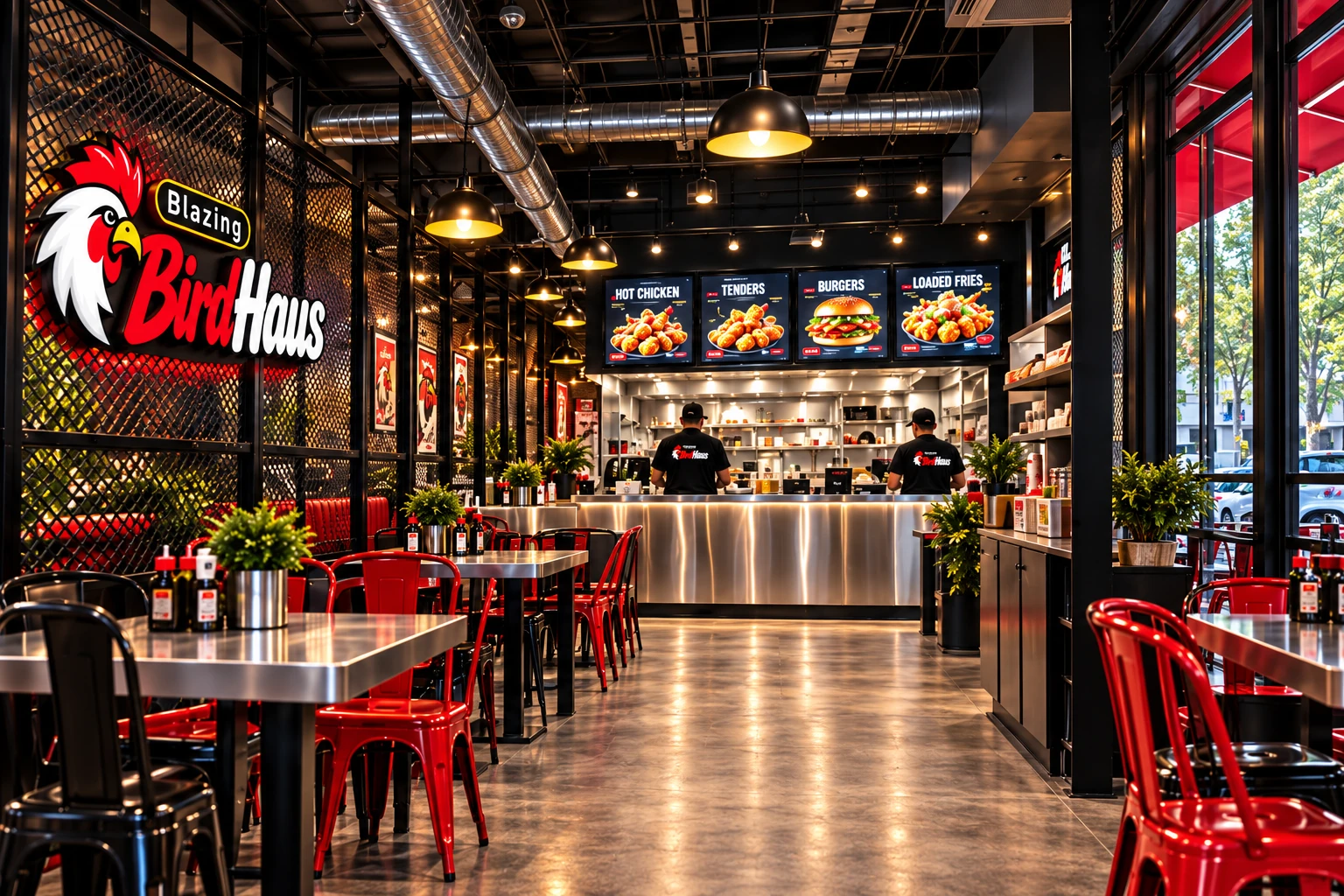 BirdHaus restaurant concept with black industrial finishes, red seating and illuminated branding