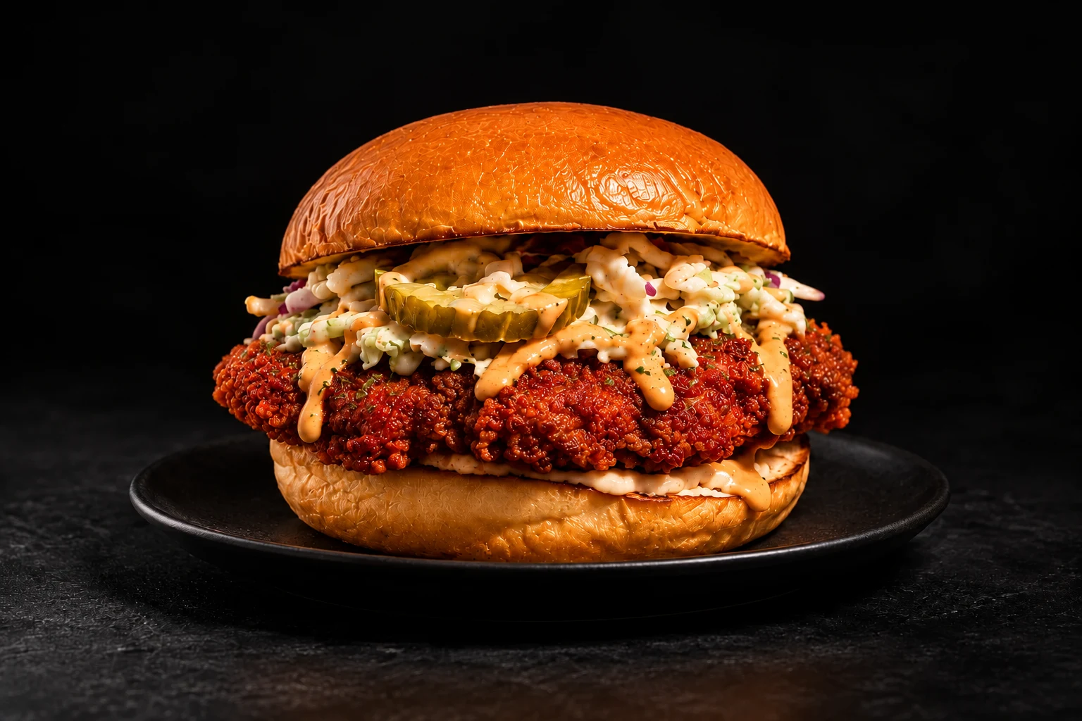 Deep red Nashville chicken in a soft BirdHaus bun