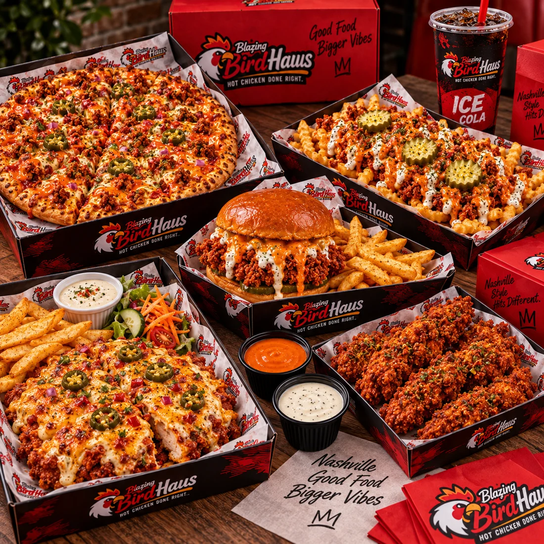 A spread of BirdHaus burgers, Nashville chicken pizza, loaded fries and parmo